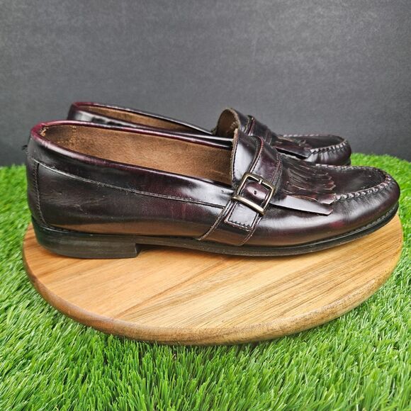 GH Bass & Co Men’s Size 11.5M Burgundy Leather Fringe Buckle Loafers Shoes - Picture 1 of 11
